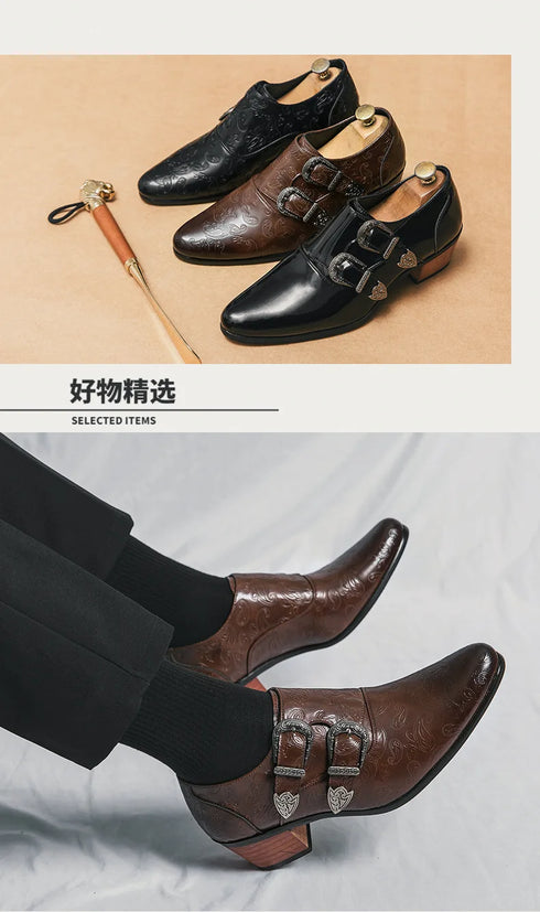 Men's Wedding Shoes Fashion Slim Fit Pointed High Heel Leather Dress Shoes Classic Vintage Style